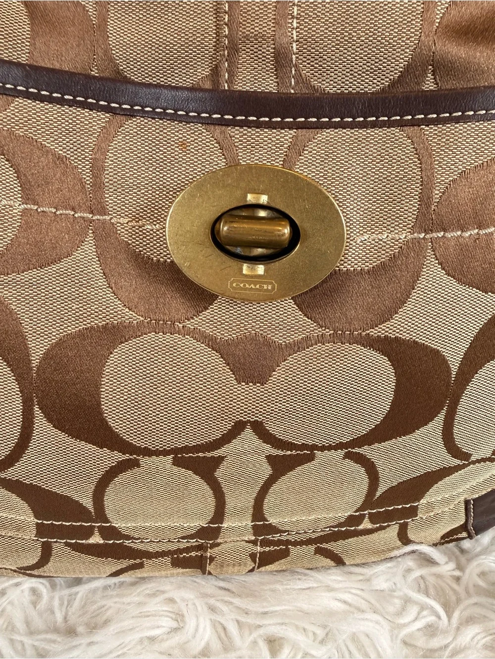 Coach Beige/Brown Signature Canvas Shoulder Bag with Dark Brown Trim